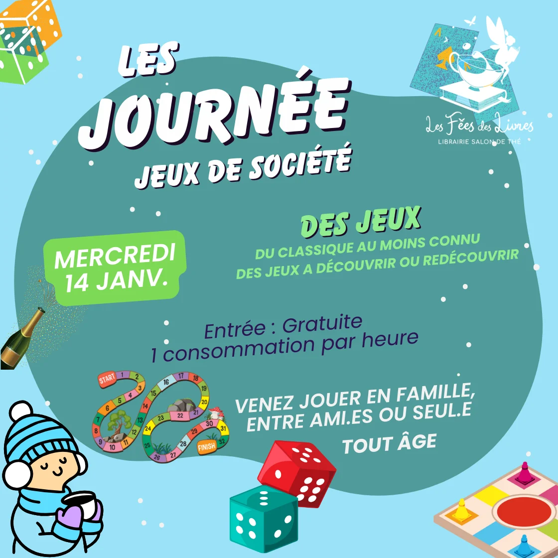 Panneau pour une journée jeu à la librairie en janvier.