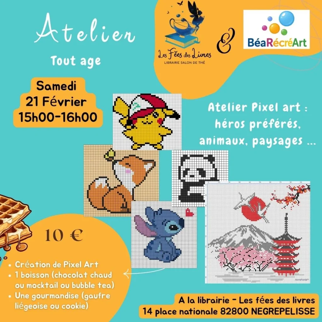 Atelier Pixel Art pour enfants et adultes avec BéaRécréArt à la librairie Les Fées des Livres.