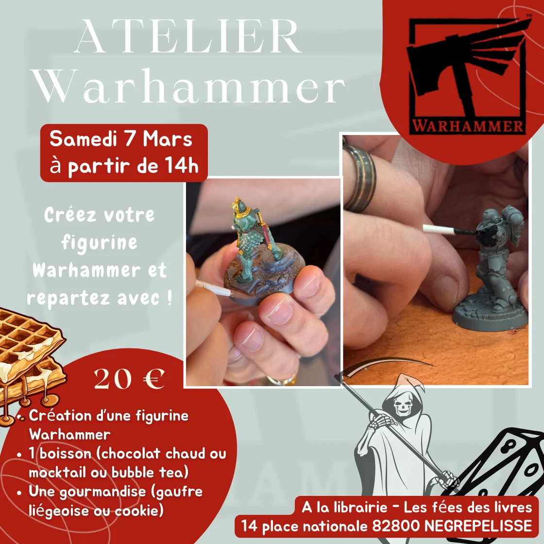 Plongez dans l'univers du modélisme avec notre Atelier Warhammer à Nègrepelisse ! Avis aux amateurs de Warhammer 40,000, d'Age of Sigmar et de peinture sur figurine ! Que vous soyez un peintre aguerri cherchant à perfectionner ses dégradés ou un parfait débutant curieux de découvrir le "Hobby", la librairie Les fées des livres vous ouvre ses portes pour un après-midi créatif et convivial. Créez, peignez et repartez avec votre figurine Le samedi 7 mars, à partir de 14h, transformez-vous en maître de guerre ou en héros de légende. Lors de cet atelier dédié, nous mettons tout à votre disposition pour donner vie à votre propre unité. Le concept est simple : vous créez votre figurine Warhammer sur place et vous repartez avec ! C'est l'occasion idéale de découvrir les techniques de montage et de peinture sous les conseils avisés d'autres passionnés du Tarn-et-Garonne. Une pause gourmande au cœur de la bataille Parce que diriger des armées (ou peindre des détails minutieux) demande de l'énergie, nous avons prévu une formule complète pour 20 € seulement : La création de votre figurine (fournie et à emporter). Une boisson au choix : Chocolat chaud réconfortant, mocktail frais ou un Bubble Tea pour les plus audacieux. Une gourmandise : Une authentique gaufre liégeoise ou un cookie fait maison. C'est bien plus qu'une session de peinture, c'est un moment d'échange entre passionnés de jeux de plateau et de littérature fantastique. Comment participer ? (Informations pratiques) Les places sont limitées pour garantir un accompagnement de qualité à chaque participant. Ne tardez pas à réserver votre pinceau ! Date : Samedi 7 Mars Heure : À partir de 14h00 Lieu : Librairie Les fées des livres, 14 place nationale, 82800 Nègrepelisse Tarif : 20 € (Tout inclus : figurine + boisson + gaufre) Réservation conseillée : Passez nous voir directement à la librairie ou contactez-nous pour bloquer votre créneau. Rejoignez la communauté des peintres de figurines du 82 et venez partager votre passion dans une ambiance "cosy" et ludique !