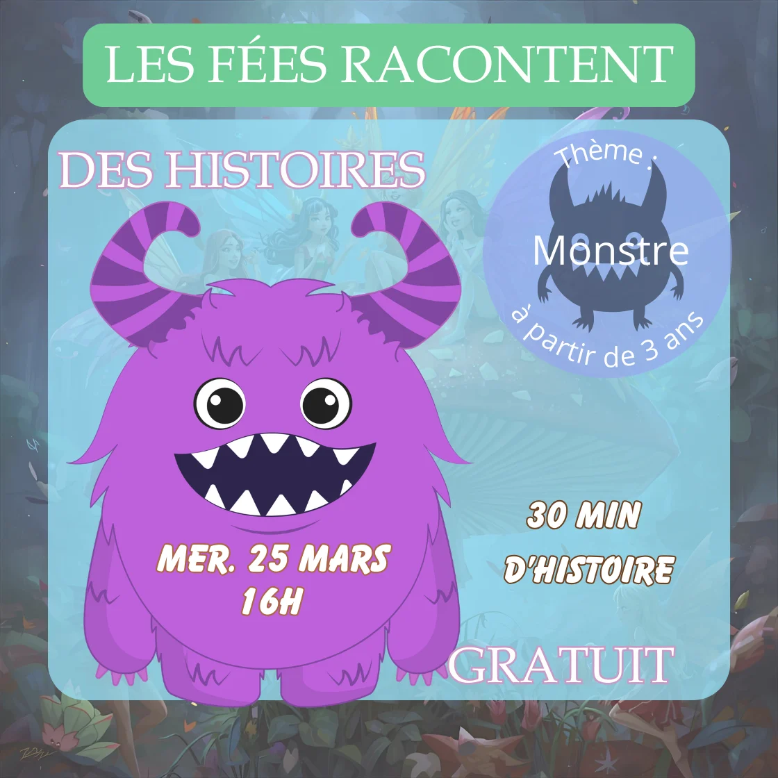 Affiche Histoires de Monstres pour enfants à Nègrepelisse - Les Fées des Livres