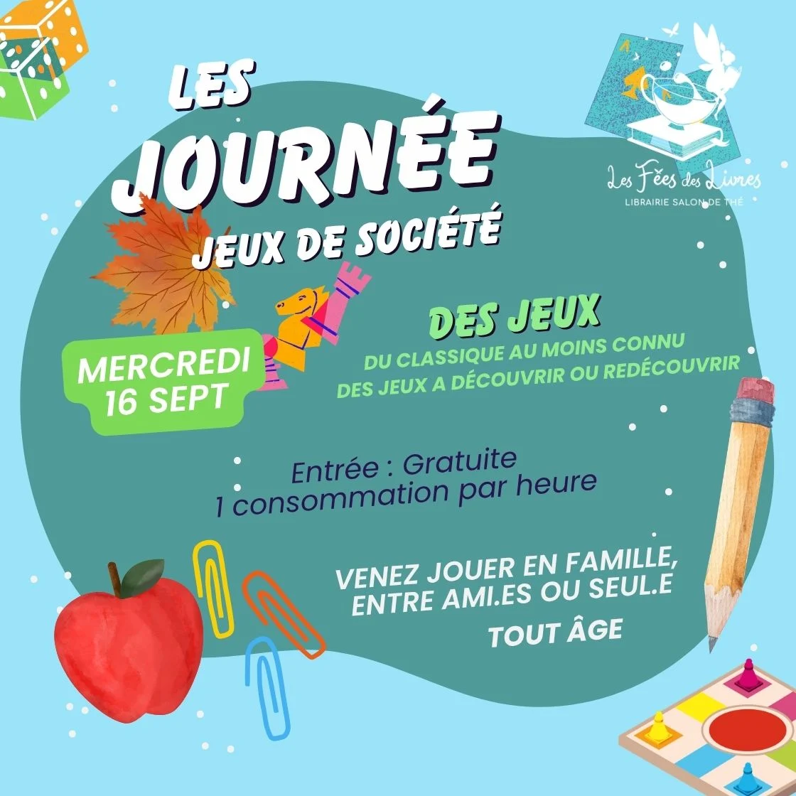 Affiche de la journée jeux de société organisée à la librairie Les Fées des Livres à Nègrepelisse.