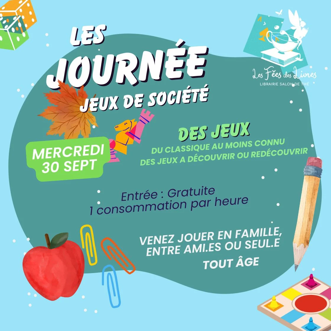 Affiche de la journée jeux de société organisée à la librairie Les Fées des Livres à Nègrepelisse.